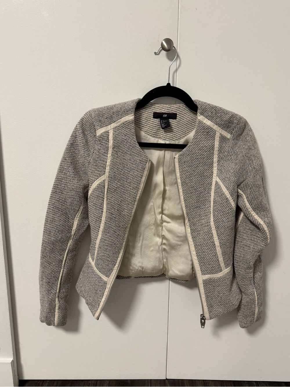H&M Gray Tweed Collarless Jacket with Cream Piping